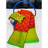 { "alt_text": "Red Brasso printed saree with unstitched blouse, 5.5Mtr, ethnic wear, Indian fashion" }