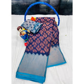 { "alt_text": "Navy blue Brasso printed saree with unstitched blouse, 5.5 meter ethnic wear, Indian fashion" }