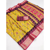 { "alt_text": "Yellow Dola silk printed saree with unstitched blouse, 5.5Mtr, traditional Indian ethnic wear" }