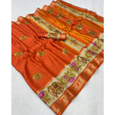{ "alt_text": "Orange Dola silk printed saree with unstitched blouse, 5.5Mtr, traditional Indian ethnic wear" }