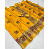 { "alt_text": "Yellow Dola silk printed saree with unstitched blouse, 5.5Mtr, traditional Indian ethnic wear" }
