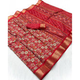 { "alt_text": "Red Dola Silk saree with floral print, 5.5Mtr unstitched blouse, traditional Indian ethnic wear" }