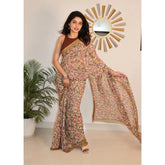 { "alt_text": "Brown georgette printed saree with unstitched blouse, 5.5 meter ethnic wear, Indian fashion" }