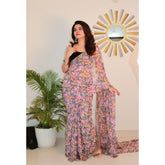 { "alt_text": "Multicolor georgette printed saree with unstitched blouse, 5.5m, ethnic wear fashion" }