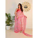 { "alt_text": "Pink georgette printed saree with unstitched blouse, 5.5 meter ethnic wear, Indian fashion" }