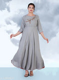 Embroidered grey rayon kurti with three-quarter sleeves, Indian handwork on a stylish women's dress - M (36in bust, 52in size length), L (38in bust, 52in size length), XL (40in bust, 52in size length), XXL (42in bust, 52in size length)