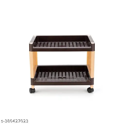Brown and cream 2-layer plastic storage organizer for kitchen and office, with wheels for easy mobility (Bience New 2024)