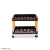 Brown and cream 2-layer plastic storage organizer for kitchen and office, with wheels for easy mobility (Bience New 2024)