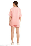 High-quality peach printed cotton nightsuit set with tops & shorts, offering comfortable style for women's lounge & sleep wear, 180 GSM cotton, made in India