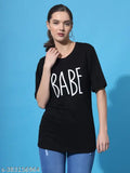 Black oversized drop shoulder cotton t-shirt with three-quarter sleeves and printed design. Oversized women's tee from India (S: Bust 38in, Length 28in), (M: Bust 40in, Length 28in), (L: Bust 42in, Length 29in), (XL: Bust 44in, Length 29in)
