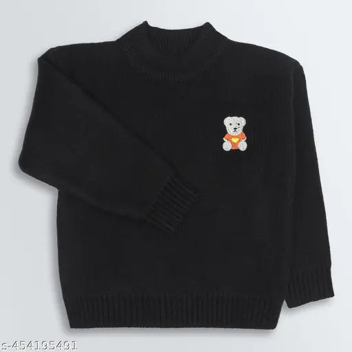 Brown acrylic loose fit knit sweater for kids, self-design pattern on round neck, suitable for 4-5 years