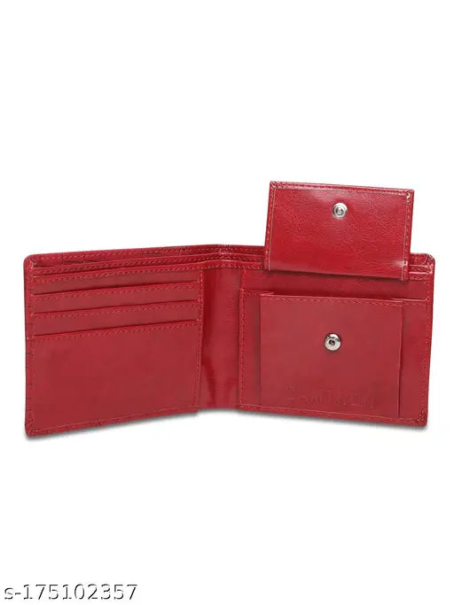 Red artificial leather men's wallet with 4 card slots, PU material, trendy for formal travel or parties, solid pattern, free size (9cm x 11cm), Indian origin