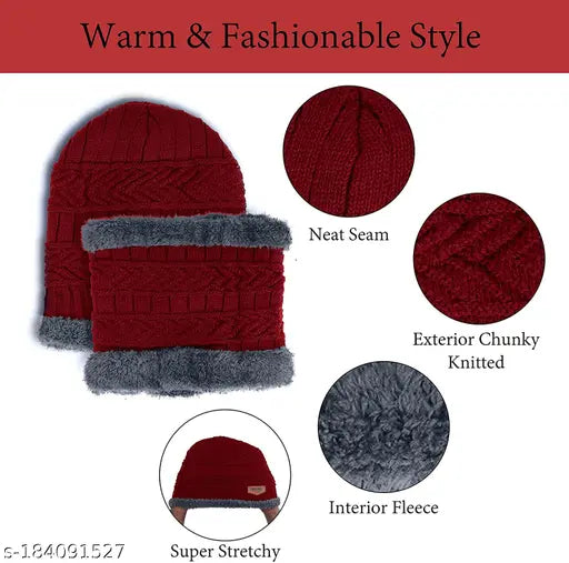 Maroon woolen beanie cap and neck warmer scarf set, knit with fur lining for winter - women's fashion accessory from India (2 piece set)