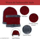 Maroon woolen beanie cap and neck warmer scarf set, knit with fur lining for winter - women's fashion accessory from India (2 piece set)