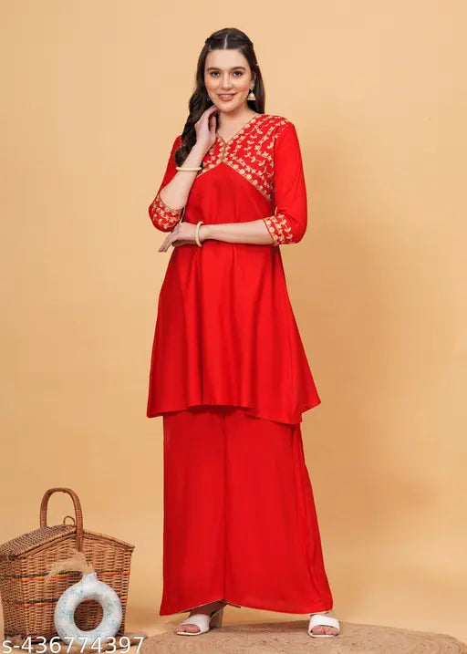 Rayon printed cotton women's kurta & Palazzos set in solid colors, perfect for regular wear - Indian ethnic fashion