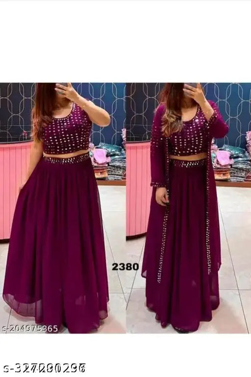 women's Georgette crop top lehenga set with shrug, ethnic indo-western wear for any occasion, India origin