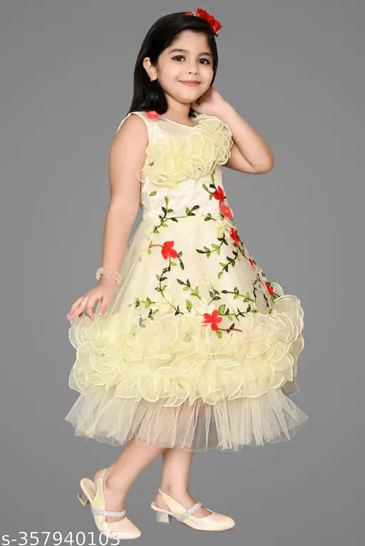 Embroidered net floral print frock for girls, India-made frill dress perfect for parties