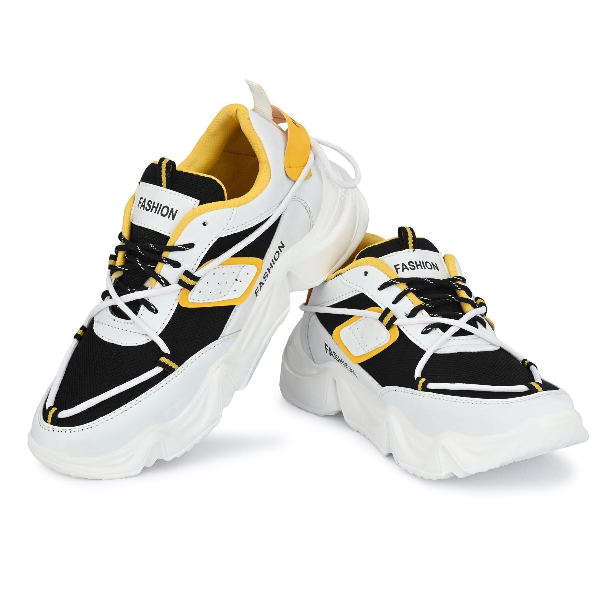 Yellow synthetic leather sports shoes, lightweight and fashionable for active lifestyle, featuring lace closure