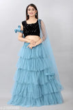 Sky blue velvet & net semi-stitched lehenga, sequined choli & net dupatta - Indian bridal wear, embellished top & solid dupatta