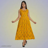 Yellow rayon sleeveless printed anarkali kurti, yellow color tilak print, Indian traditional women's gown