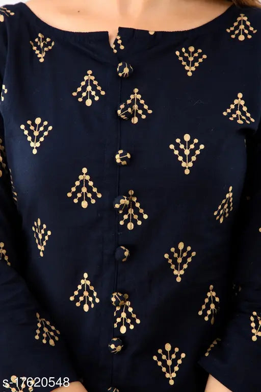Blue and gold cotton rayon blend straight kurta skirt with gold print, ideal for traditional Indian festivals or events