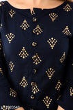 Blue and gold cotton rayon blend straight kurta skirt with gold print, ideal for traditional Indian festivals or events