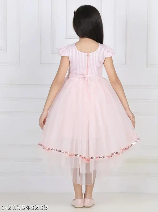 Peach net hi-low dress with embellished balloon pattern for 2-3 year old girls, Indian origin