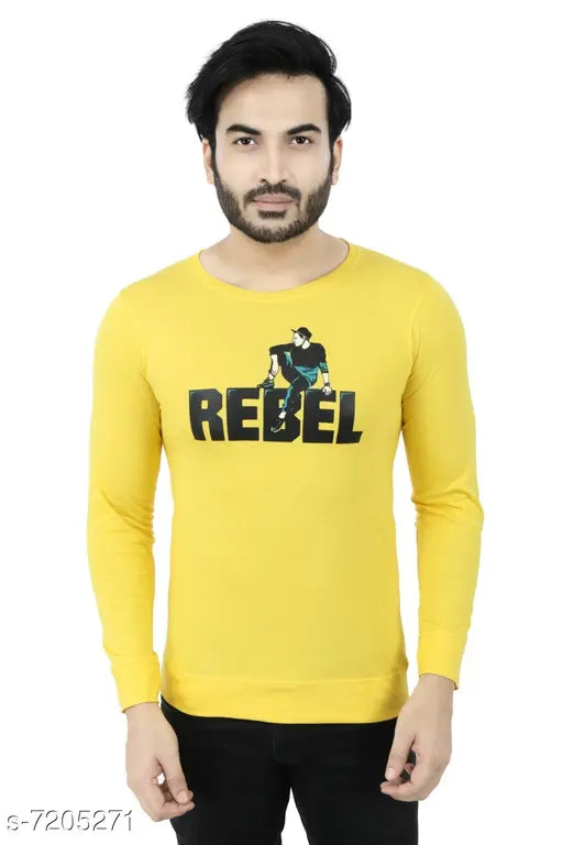 Trendy men's cotton long-sleeve T-shirt, printed design on chest, size M (38in chest, 25in length), made in India