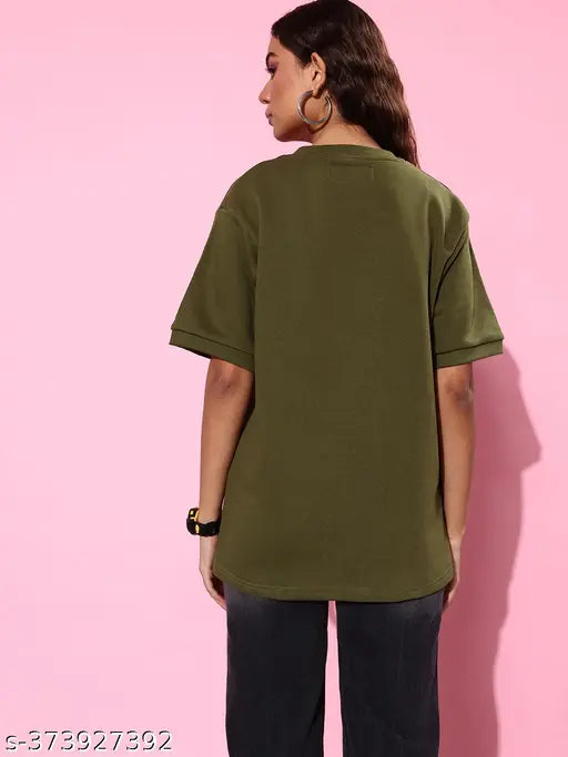 Olive oversized cotton sweatshirt for women, solid pattern, short sleeves, XS - XL sizes available, India origin