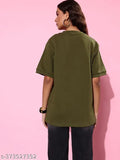 Olive oversized cotton sweatshirt for women, solid pattern, short sleeves, XS - XL sizes available, India origin