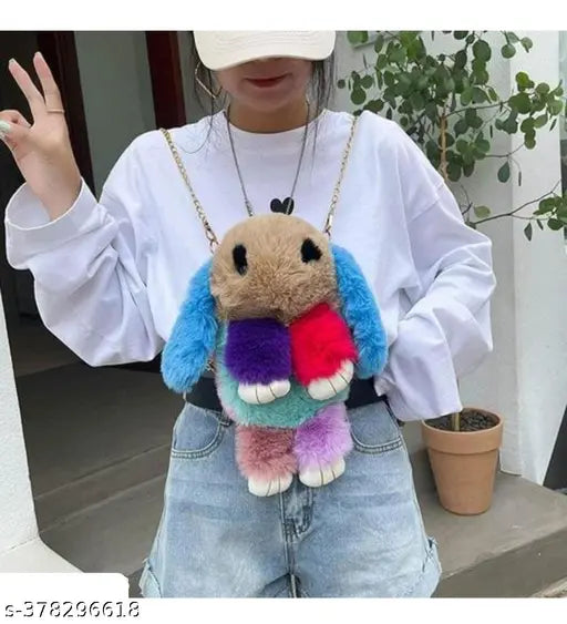 Multicolor faux fur rabbit sling bag, soft & stylish kids accessory, high-quality fabric design