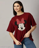 Maroon over-sized printed cotton Mini Face women's t-shirt with three-quarter sleeves, India-made fashion top on mannequin