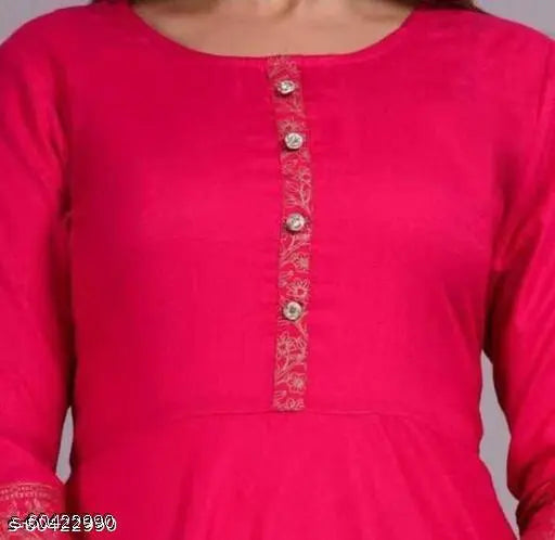 Trandy pink flared rayon kurti with yoke print, three-quarter sleeves, traditional Indian fashion style statement
