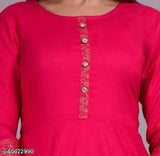 Trandy pink flared rayon kurti with yoke print, three-quarter sleeves, traditional Indian fashion style statement