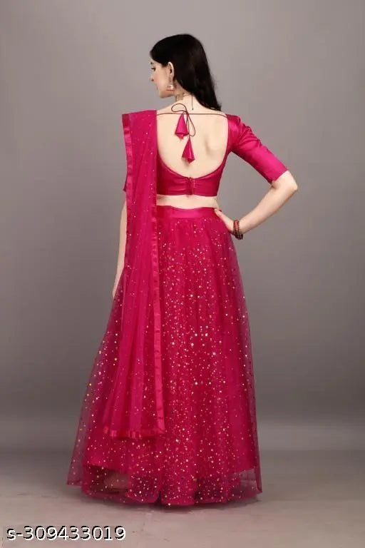 Free size satin-net Rani lehenga, embellished dupatta with cross drawstring waistbelt. Ideal for wedding functions, haldi ceremonies, or festivals. Made in India