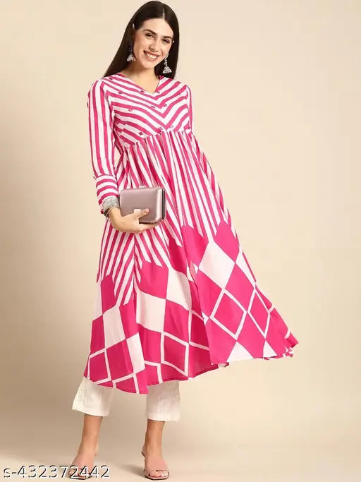 Rayon embroidered Anarkali Kurta with three-quarter sleeves, featuring a printed combo. Women's and girls' size S, M, XL. Indian handcrafted fashion on display