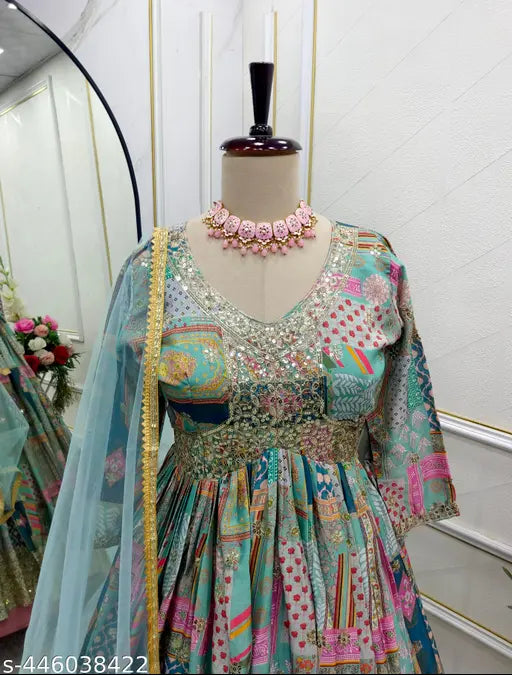 AliyaCut Gown Pent Dupatta Set, pure cinon silk with digital print & heavy embroidery, ready-to-wear with long sleeves & micro cotton lining