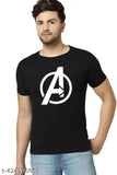 Black, yellow, white, maroon Avengers Assemble Earth's Mightiest Heroes T-shirt on model, polycotton half-sleeve design with bold emblazoned sticker