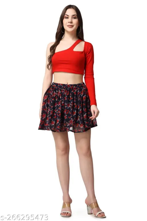 Blue Chiffon Floral Mini Skirt, Georgette, flared, above-knee, printed floral design, best quality, soft and comfortable fabric for women's fashion