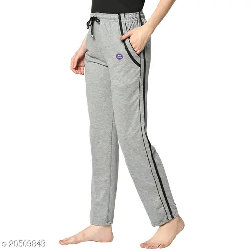 Grey cotton blend straight-fit trousers for women, size 32 (waist 30in, length 38in), on model