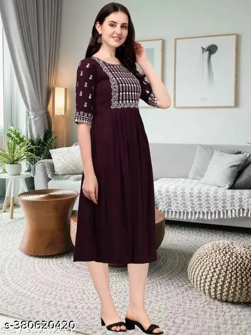 Indian viscose rayon embroidered three-quarter sleeve women's ethnic wear, soft colors, stylish & comfortable