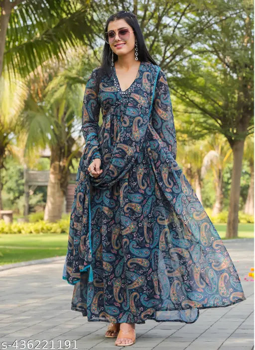 Navy blue georgette gown with dupatta, printed long sleeves, V-neck design, suitable for parties or weddings, Indian origin