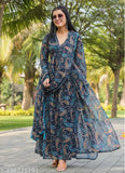 Navy blue georgette gown with dupatta, printed long sleeves, V-neck design, suitable for parties or weddings, Indian origin