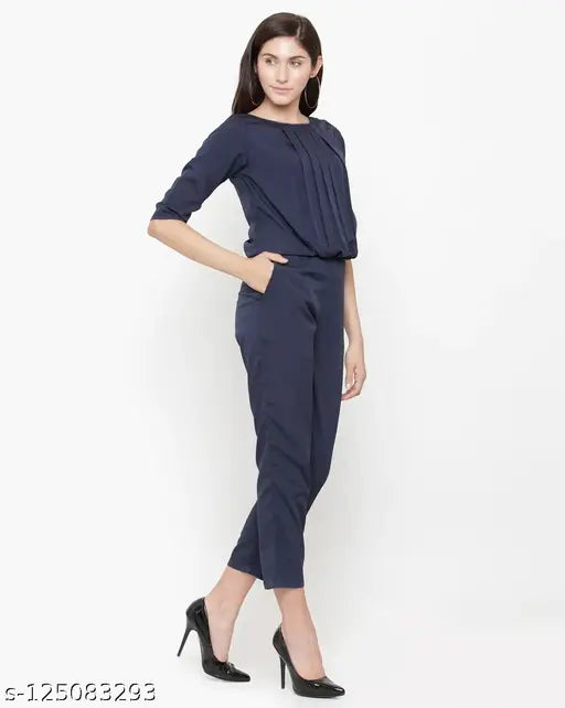 Blue crepe women's jumpsuit, solid pattern, three-quarter sleeves, elastic waist, side pockets, India origin
