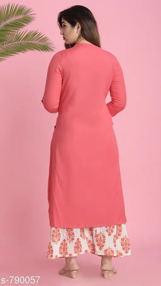 Solid cotton kurta set with palazzos for women, three-quarter sleeves, solid pattern, India origin