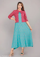Rayon printed kurti set with pink jacket, three-quarter sleeves, vibrant Indian design on XXL size