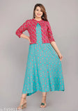 Rayon printed kurti with pink jacket, three-quarter sleeves, vibrant Indian design on XXL size