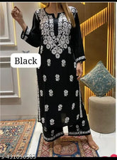 Black Chikankari rayon kurta set with palazzos, embroidered net, long sleeves, single size M-XXXL, handcrafted Indian traditional wear