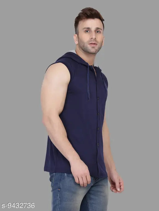 Navy blue cotton blend sleeveless solid Geum men's hood t-shirt, perfect for casual wear with jeans and sneakers