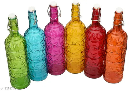 Multicolor airtight glass water bottles, 1000ml each (pack of 6), for storage. BIS/ISI certified
